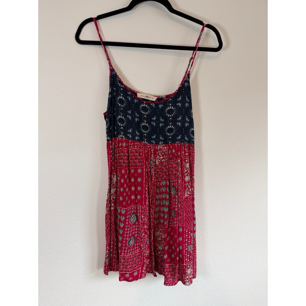 Natural Life Boho Mixed Print Mini Dress Magenta Navy Patchwork Rayon Small